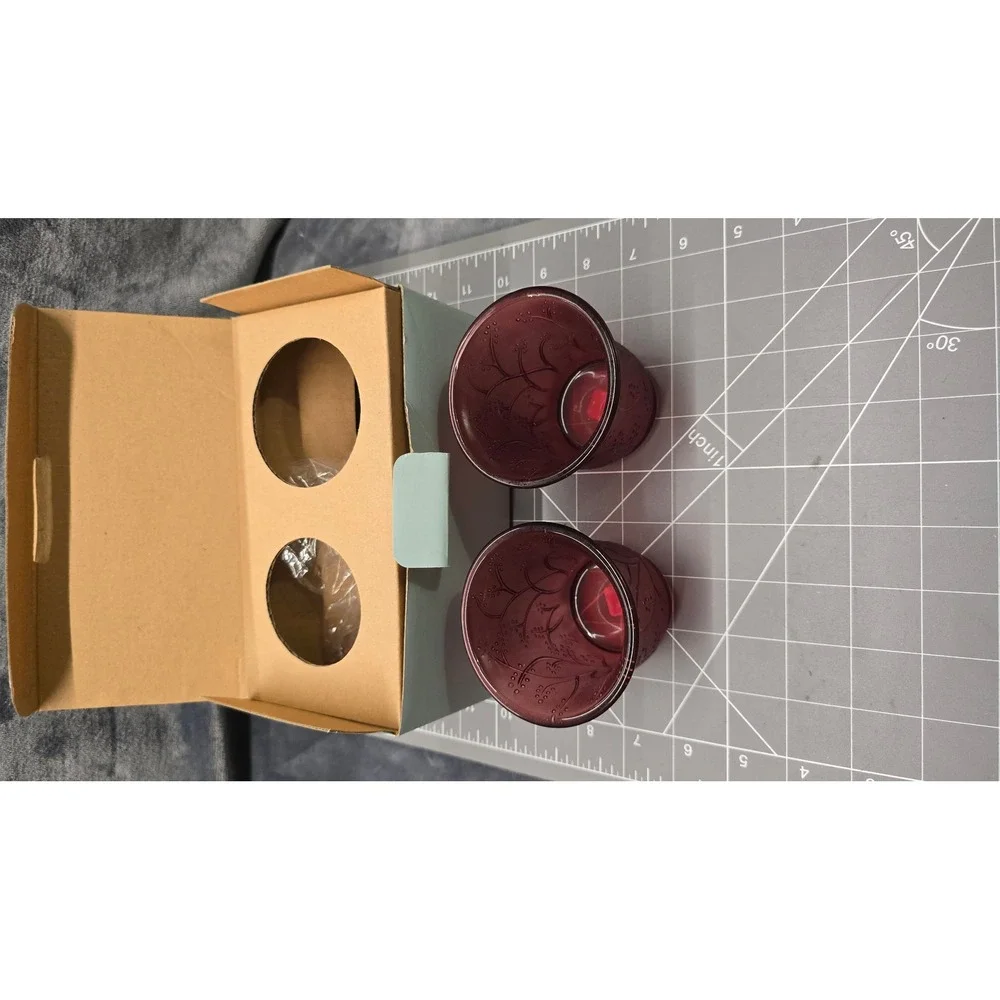 PartyLite Berry Sprig Votive Pair P8727 Frosted Burgundy Glass Candle Holders